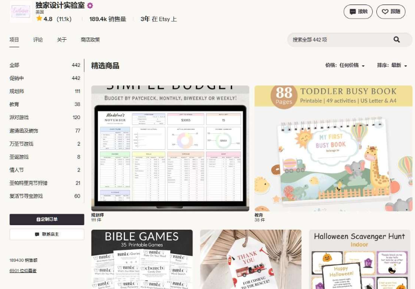 Etsy店铺独家设计实验室页面,4.8星、1.1万条评价、累计18.9万销售量、开店3年,侧栏商品分类里规划师111件、教育38件,卖的都是可打印表格类数字产品