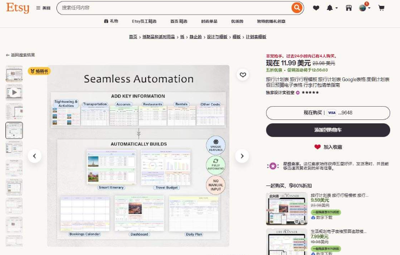 Etsy上一份正在卖的旅行计划表模板商品页,现价11.99美元、原价29.98美元五折,标题写着旅行计划表、行程模板、度假计划表、行李清单指南,买家下单即时下载