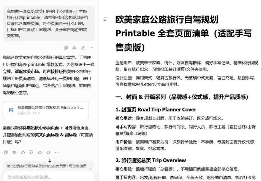 用ChatGPT列公路旅行主题旅行计划printable的全套页面清单,AI给出封面页、旅行速览总页、每日行程等页面并标注每页用途,适配欧美家庭手写售卖版