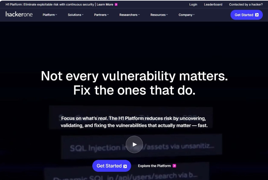 HackerOne官网首页,主标语是Not every vulnerability matters,Fix the ones that do,页面右上角有Get Started注册入口