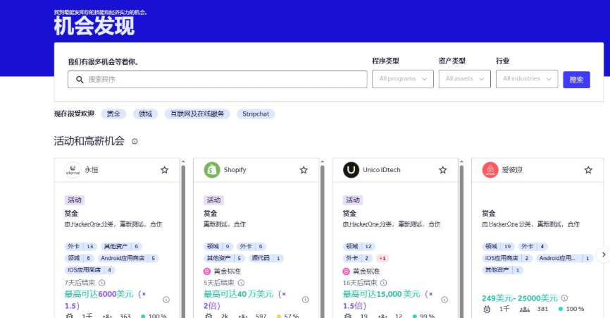 HackerOne机会发现页,列出高赏金项目,Shopify最高可达40万美元,爱彼迎Airbnb赏金249到25000美元,永恒项目最高6000美元