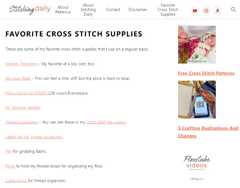 Stitching Daily网站的Favorite Cross Stitch Supplies推荐页，列了穿针器、18支Aida绣布、亚马逊链接、我最爱的绣针、线收纳等一串工具推荐