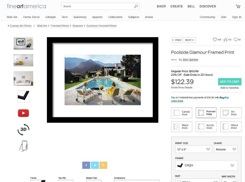 Fine Art America一张装裱画商品详情页，售价122.39美金，支持PayPal分4期免息付款