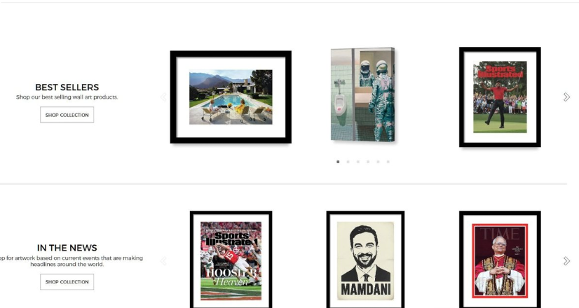 Fine Art America畅销榜BEST SELLERS和热点新闻IN THE NEWS板块，展示当下卖得好的装裱画作品