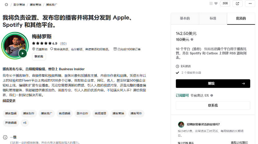 Fiverr卖家梅赫罗斯的播客推广服务页面，标题是负责设置、发布播客并分发到Apple、Spotify等平台，评分4.9分80条评价，已完成1100多笔订单，优质套餐142.50美元（原价150美元），含10个平台分发、2天送达，标签有播客剪辑、播客制作、播客推广、音频编辑、剧本创作、音频清理