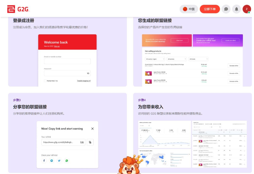 G2G联盟推广的操作流程,注册后生成推广链接、分享链接、在后台跟踪佣金收入