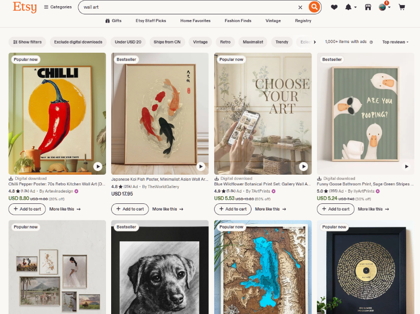 Etsy搜索wall art的结果页,一整排都是标着Digital download数字下载的墙画商品,辣椒海报卖8.8美金、日本锦鲤海报卖17.95美金