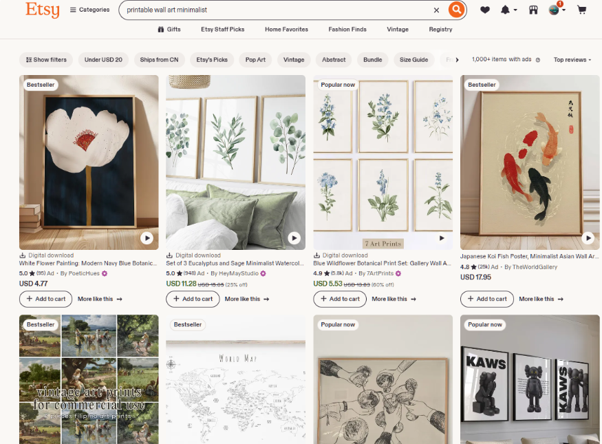 Etsy搜索printable wall art minimalist极简可打印墙画的结果页,白色花卉、桉树叶、野花套装等数字下载商品,价格多在4到11美金