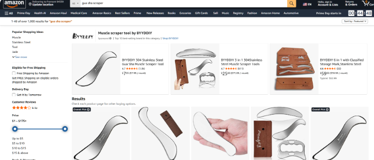 亚马逊搜索gua sha scraper刮痧板的结果，同类产品从单把7.99美金到六件套59美金不等，是该品类的畅销榜