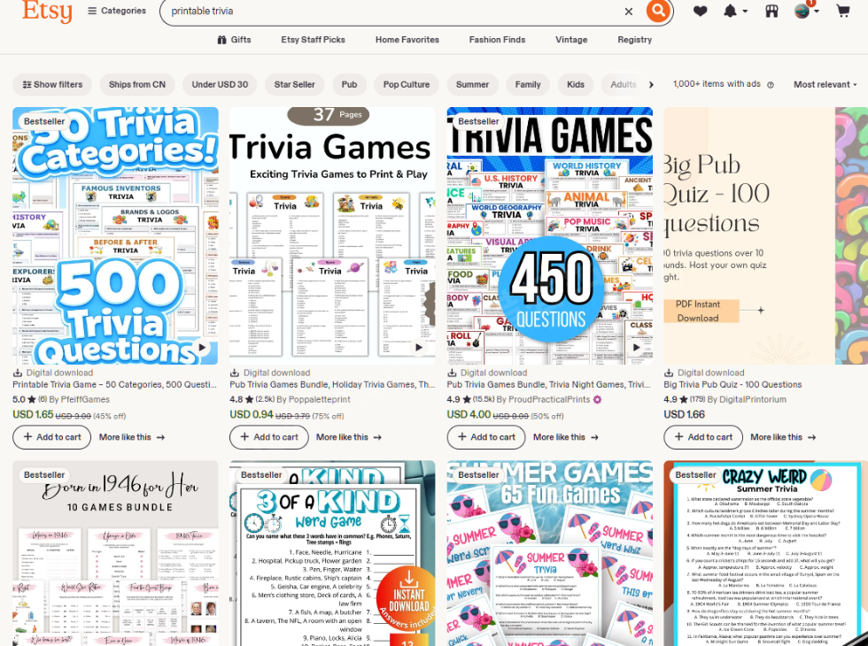 Etsy搜索printable trivia的结果页,第一屏多个商品带Bestseller畅销标记,500道题的合集卖1.65美金,450道题的合集卖4美金、评价数1.55万条,均标注Digital download