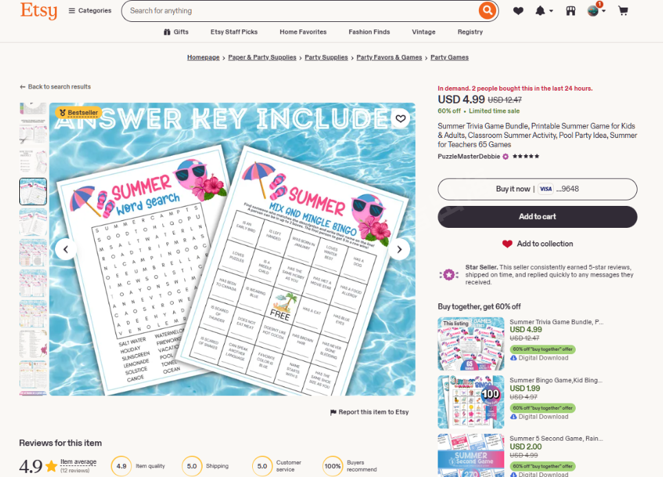 Etsy商品详情页,夏日派对问答游戏合集65个游戏售价4.99美金,卖家PuzzleMasterDebbie挂着Star Seller标记,页面提示过去24小时有2人购买,评分4.9分共12条评价