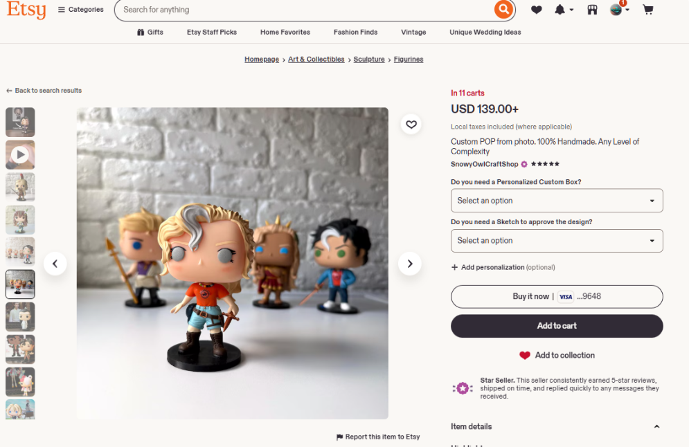 Etsy商品页,SnowyOwlCraftShop店铺的照片定制POP风格手办,售价139美元起,显示在11辆购物车中,带Star Seller星级卖家标识