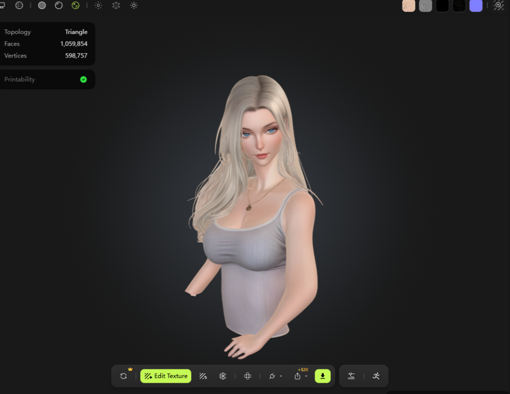 Meshy模型详情界面,带材质的人物3D模型,左上角显示面数1,059,854、顶点数598,757,Printability一项打了绿色对勾