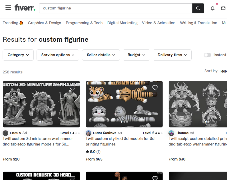 Fiverr搜索custom figurine的结果页,共258个服务,展示定制战锤和龙与地下城桌游小人、定制3D模型等服务,起价从20美元到65美元
