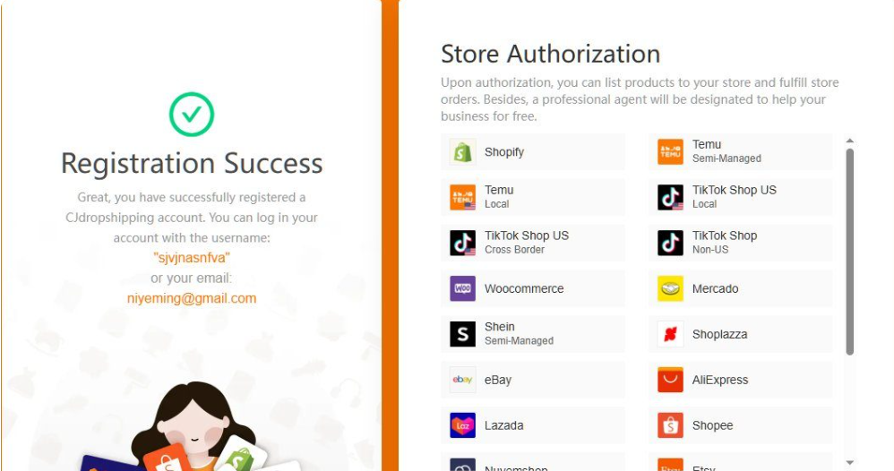 CJdropshipping注册成功页面，左侧显示Registration Success和分配的用户名，右侧是Store Authorization店铺授权列表，可选Shopify、Temu、TikTok Shop US、Woocommerce、Mercado、Shein、eBay、AliExpress、Lazada、Shopee等渠道