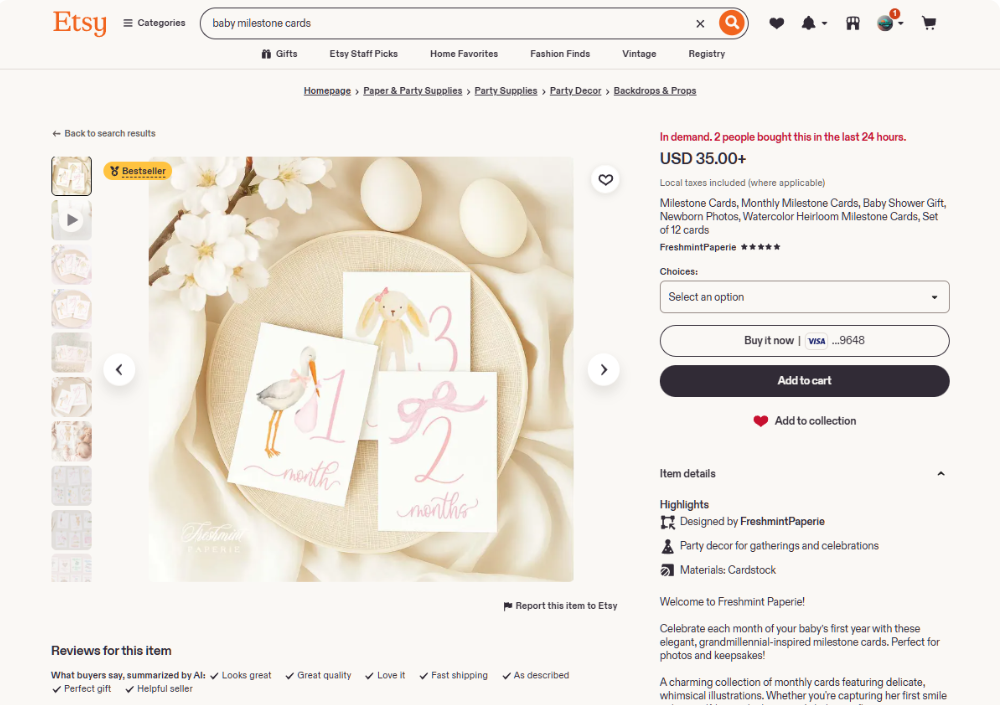 Etsy上FreshmintPaperie店铺的宝宝月龄卡商品页,标价USD 35.00起,带Bestseller标识,页面显示过去24小时有2人下单,商品是12张水彩风格的月龄卡片套装