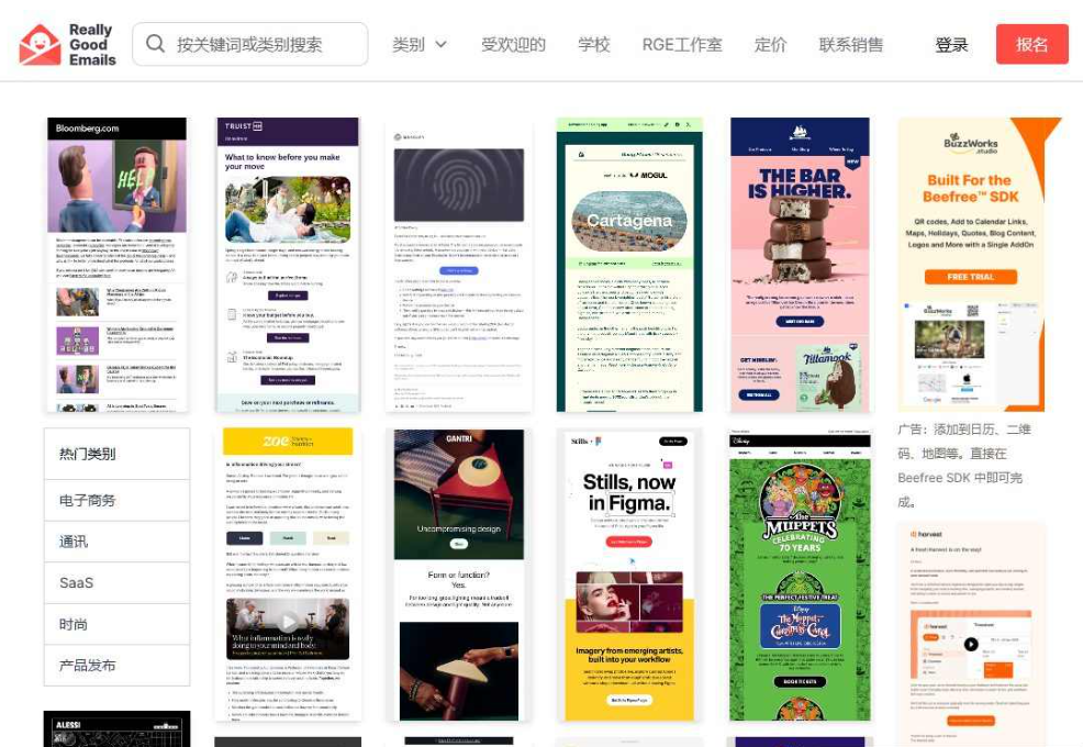 Really Good Emails网站首页,瀑布流展示Bloomberg、Truist、迪士尼布偶、Gantri等国外品牌真实发出的营销邮件截图,左侧热门类别栏列着电子商务、通讯、SaaS、时尚、产品发布