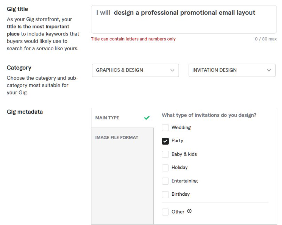 Fiverr创建Gig的后台页面,标题栏填写的是I will design a professional promotional email layout,左侧提示说标题是最重要的位置要放买家可能搜索的关键词,下方是类目选择和服务元数据勾选项