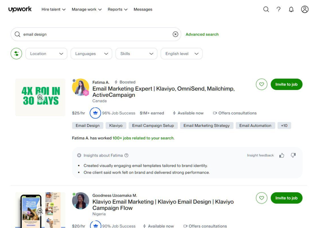 Upwork搜索email design的结果页,第一位加拿大自由职业者标价25美元每小时,96%工作成功率,累计收入100万美元以上,技能标签有Email Design、Klaviyo、Email Campaign Setup;第二位尼日利亚从业者标价20美元每小时,90%工作成功率