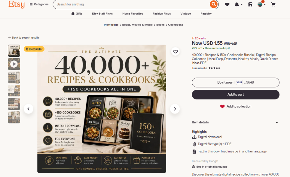 Etsy平台一份数字食谱电子书商品页,标题为40000+食谱与150本食谱书合集,PDF即时下载,促销价1.55美金(原价6.21美金),显示已在20个购物车中并带畅销标识