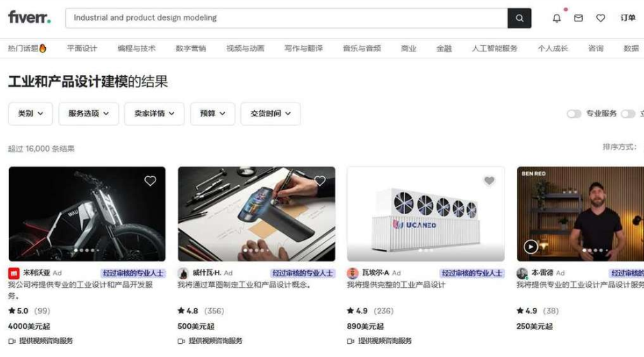 Fiverr工业和产品设计建模分类的结果页，超过16000条结果，四个专业卖家报价分别为4000美元起、500美元起、890美元起、250美元起，配图是电动摩托车、手持工具、集装箱设备的工业设计渲染