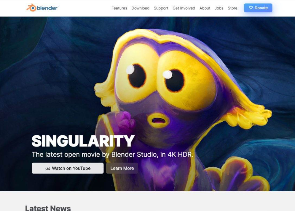Blender官网首页，顶部导航含Features、Download、Support等入口，主视觉是Blender Studio的开源动画短片Singularity的4K宣传图