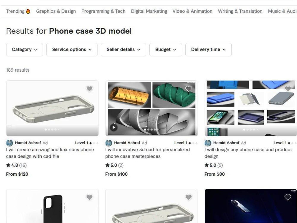 Fiverr搜索Phone case 3D model的结果页，189条服务，卖家Hamid Ashraf的三个服务分别标价From $120、From $100、From $80，配图是手机壳的3D渲染图