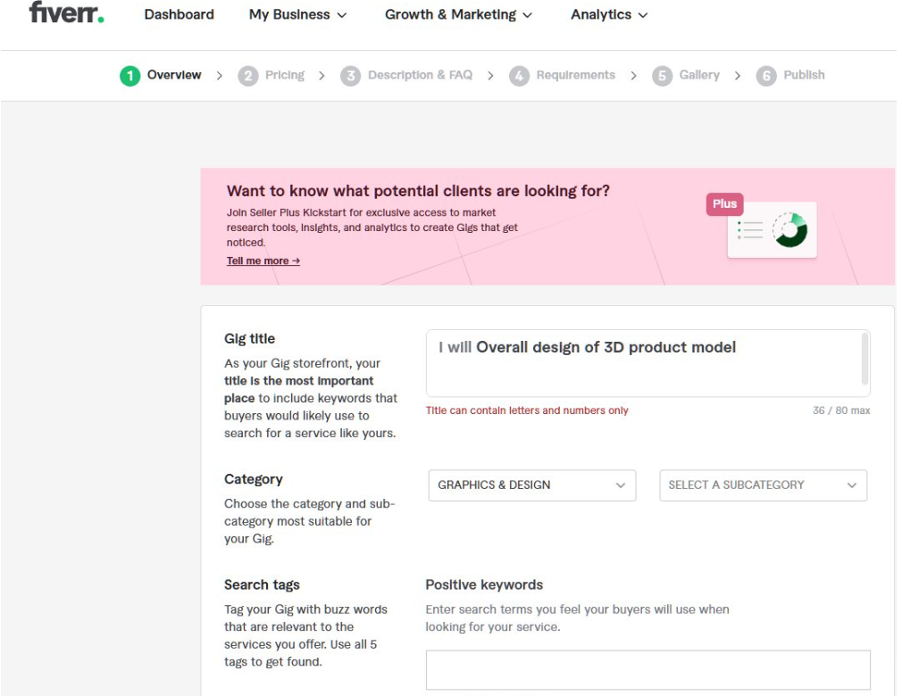 Fiverr发布Gig的后台页面，顶部是Overview、Pricing、Description和FAQ、Requirements、Gallery、Publish六步流程条，Gig标题栏填写I will Overall design of 3D product model