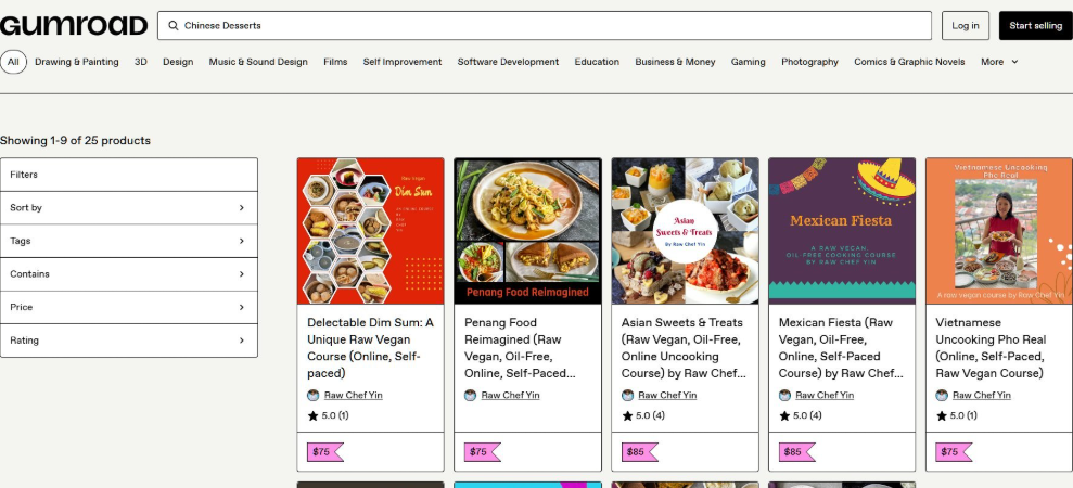 Gumroad搜索Chinese Desserts的结果页,显示25个产品,Raw Chef Yin的中式点心和亚洲甜点课程标价75美金、85美金