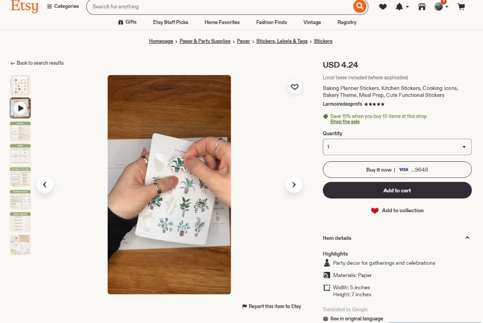Etsy商品详情页,一套厨房贴纸标签标价4.24美金,卖家五星好评,商品信息显示尺寸5英寸乘7英寸