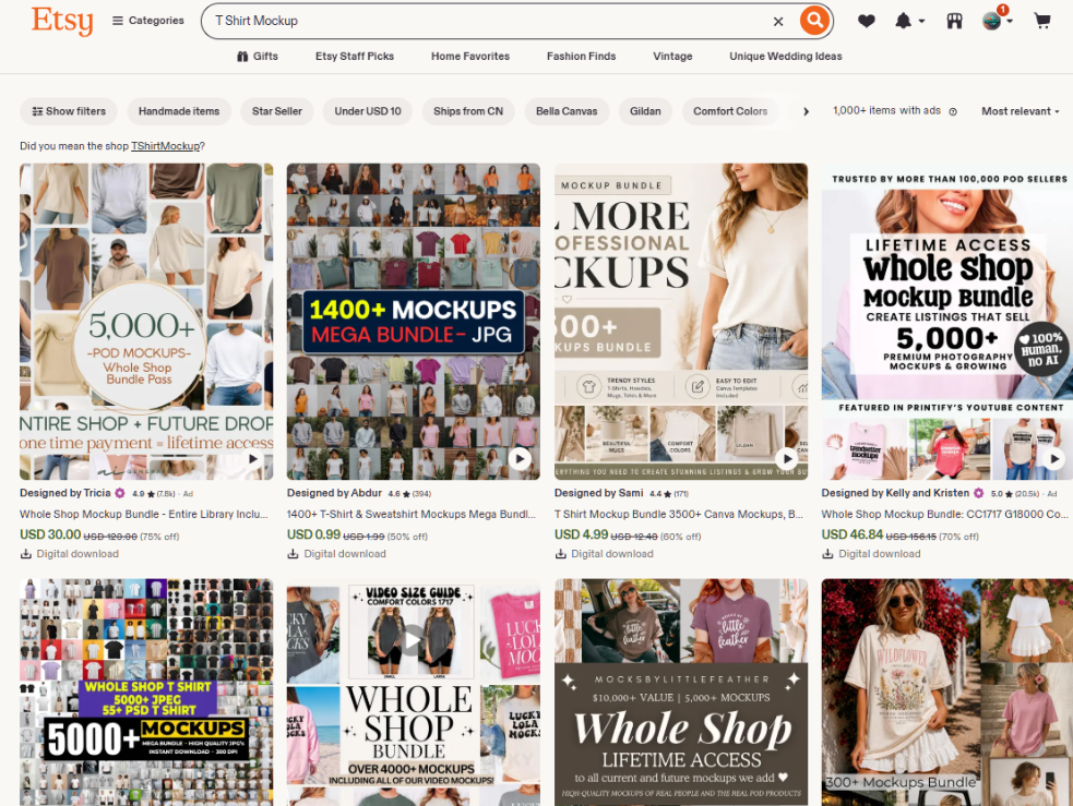 Etsy搜索T Shirt Mockup的结果页,多个T恤效果图素材包在售,价格从0.99美金到46.84美金不等,其中一个封面写着TRUSTED BY MORE THAN 100,000 POD SELLERS,卖家评价数最高达2万条