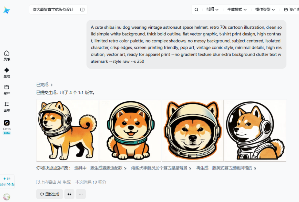 即梦AI出图界面,粘入柴犬宇航员的完整英文提示词后一次生成4个1:1版本的复古卡通柴犬图案,本次消耗12积分