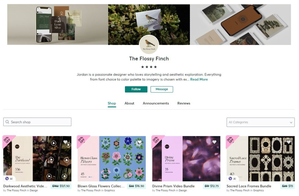 Creative Market上The Flossy Finch店铺主页,店主Jordan,四星评价,在售Darkwood视频包原价162美金现价121.50美金、Blown Glass Flowers含45个元素16.50美金、Divine Prism视频包12.75美金、Sacred Lace Frames含40个元素15美金