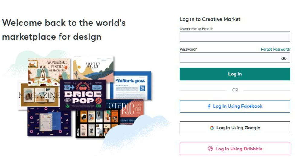 Creative Market登录页面,标语为Welcome back to the world's marketplace for design,提供邮箱、Facebook、Google以及Dribbble四种登录方式