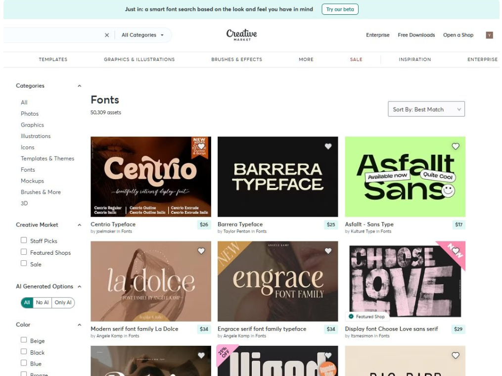 Creative Market字体分类页,页面标注Fonts共50309件素材,在售字体Centrio 26美金、Barrera 25美金、Asfallt 17美金、La Dolce 34美金、Engrace 34美金、Choose Love 29美金,左侧筛选器含AI生成选项