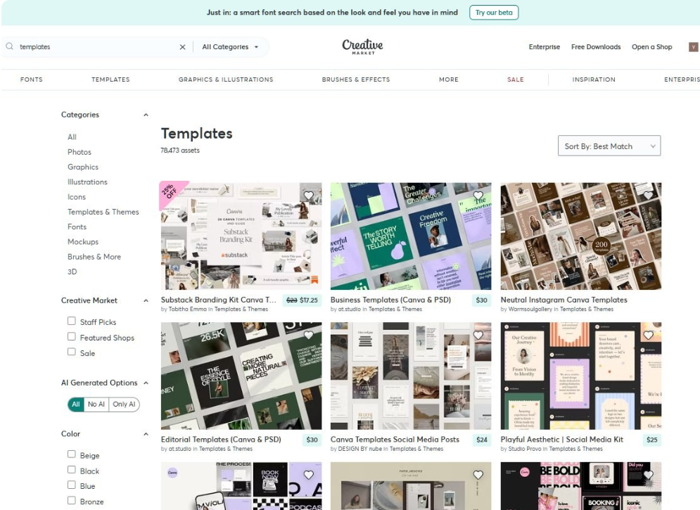 Creative Market模板分类页,标注Templates共78473件素材,在售Substack品牌套件17.25美金、Business Templates 30美金、Editorial Templates 30美金、Canva社交媒体贴文模板24美金、Playful Aesthetic社媒套件25美金