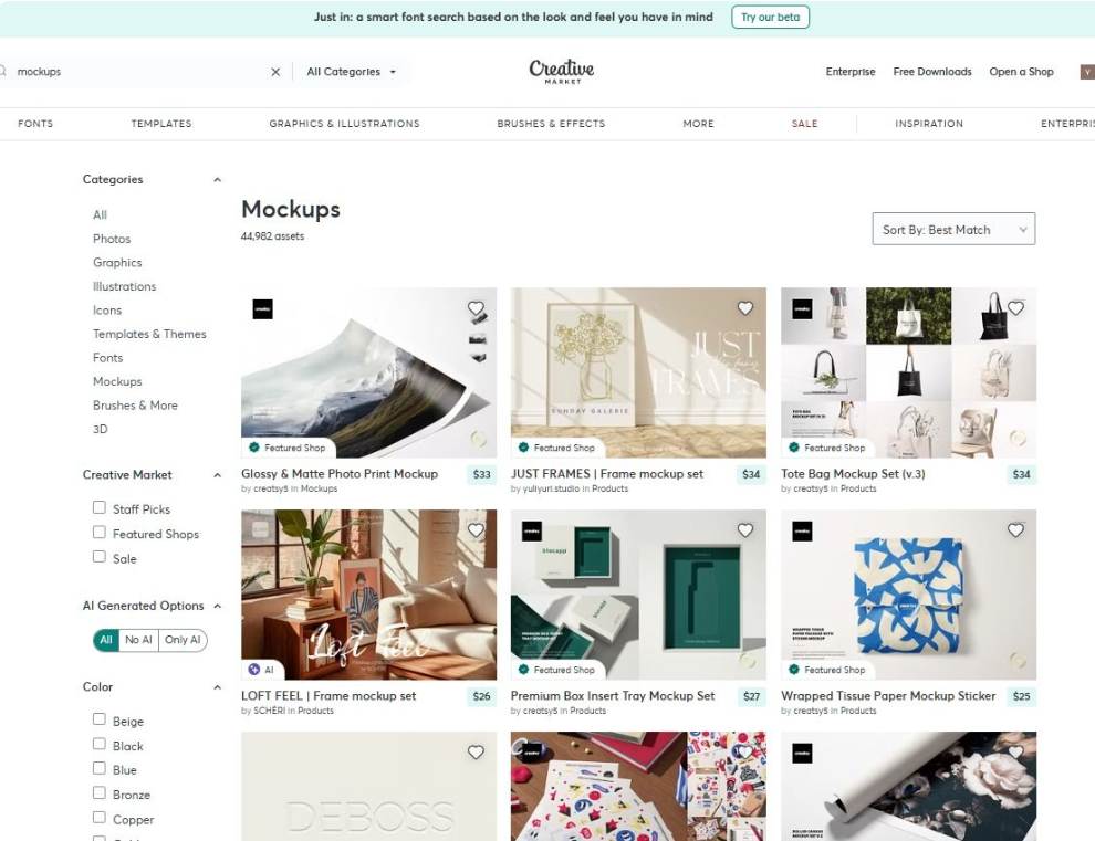 Creative Market效果图分类页,标注Mockups共44982件素材,在售Glossy & Matte照片印刷效果图33美金、JUST FRAMES画框效果图套装34美金、Tote Bag帆布袋效果图34美金、LOFT FEEL画框效果图26美金、礼盒托盘效果图27美金