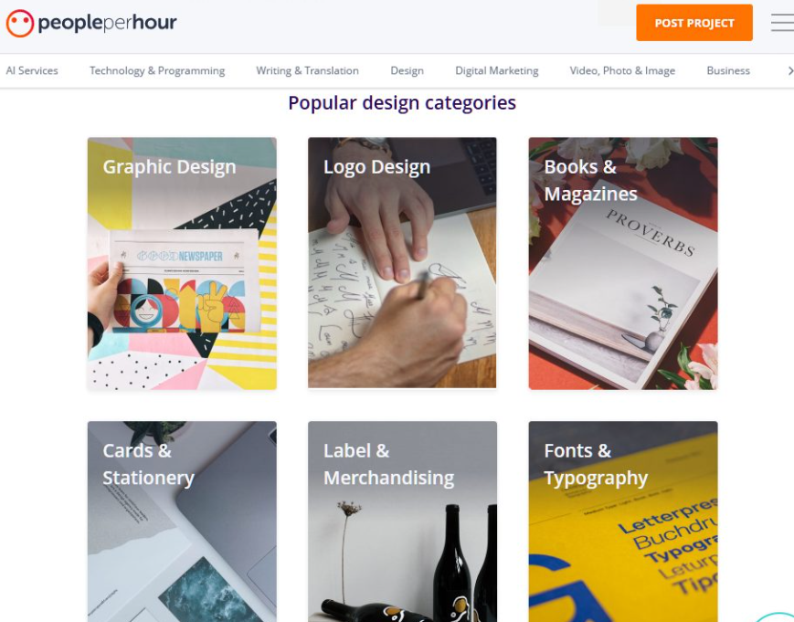 PeoplePerHour平台的热门设计类目页面,列出Graphic Design、Logo Design、Books and Magazines、Cards and Stationery等六个设计类目卡片