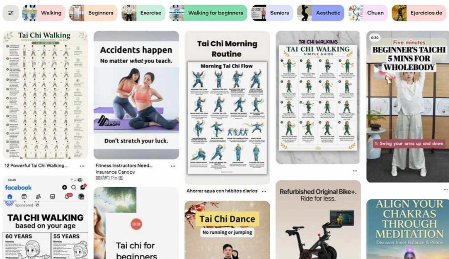 Pinterest搜索太极的结果页,热门图钉是太极行走动作图解长图、晨间太极流程图、五分钟入门跟练短视频,顶部筛选标签有Walking、Beginners、Seniors等