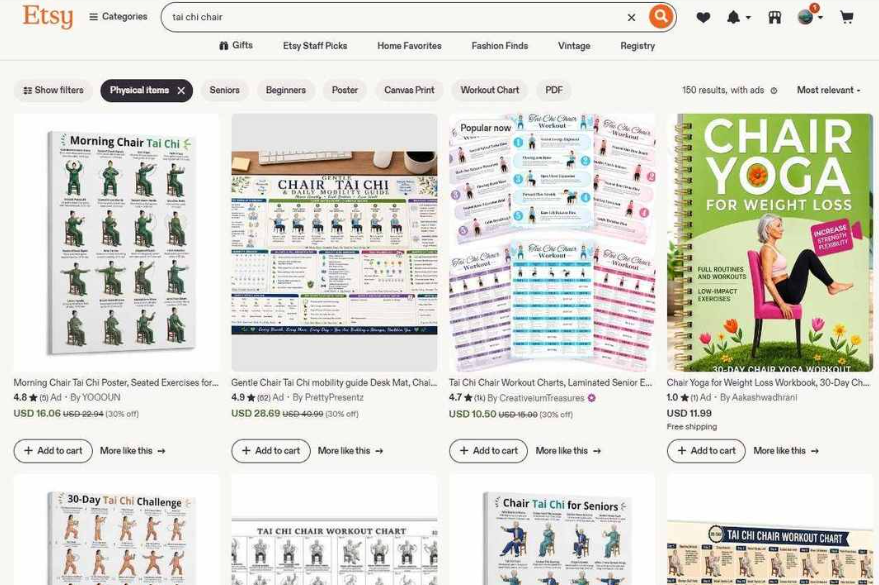 Etsy搜索tai chi chair的结果页,坐姿太极海报标价16.06美元、椅子太极动作指南垫28.69美元、层压太极椅训练图表10.50美元且店铺有1000条评价