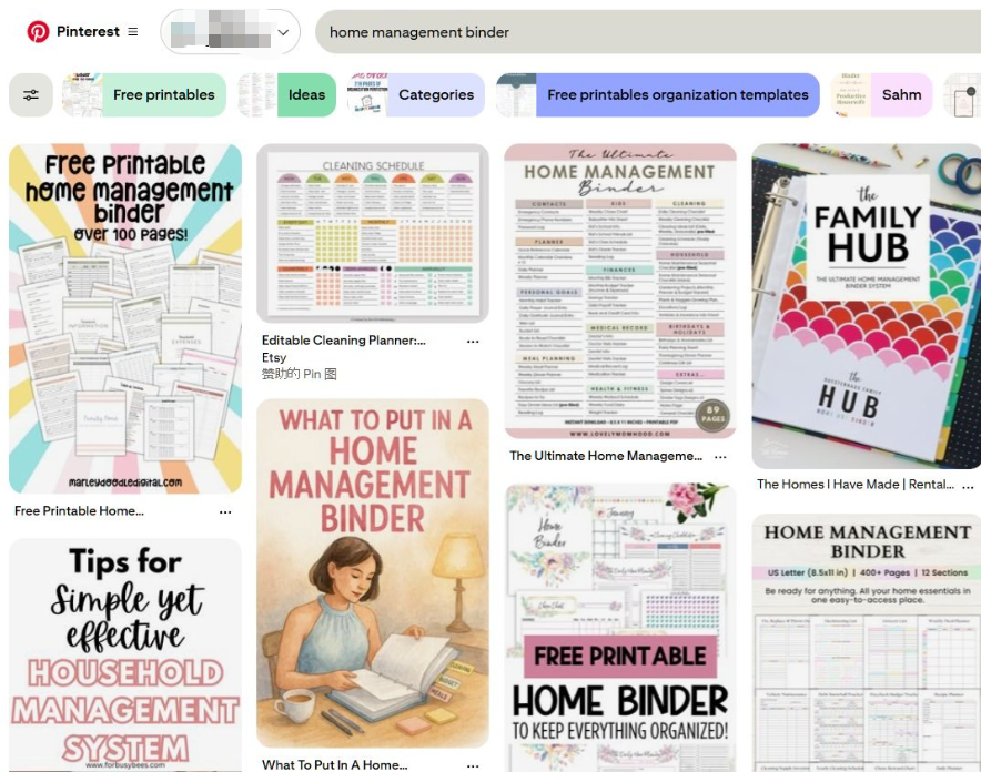 Pinterest搜索home management binder的结果页，热门图钉包括超过100页的免费家庭管理手册、可编辑清洁计划表、89页终极家庭管理手册、400多页12个分区的手册模板