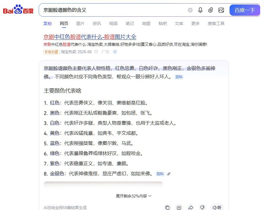 百度搜索京剧脸谱颜色的含义,AI总结出八种颜色的含义:红色忠勇侠义如关羽、黑色刚正无私如包拯、白色奸诈多疑如曹操、黄色凶猛残暴、蓝色刚强桀骜、绿色暴躁鲁莽、紫色稳重正义、金银色多画神佛