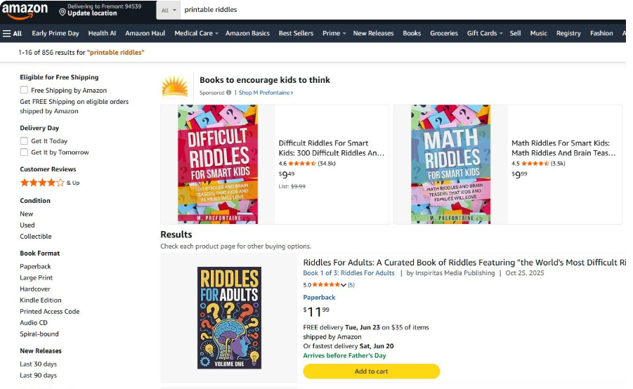 亚马逊搜索printable riddles的结果页,856个结果:Difficult Riddles For Smart Kids 9.49美元、3.48万条评价、4.6星;Math Riddles For Smart Kids 9.99美元、3500条评价;Riddles For Adults 11.99美元