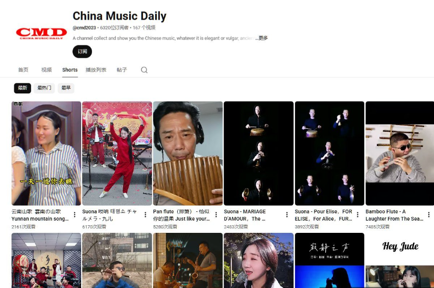 YouTube频道China Music Daily主页,6320位订阅者、167个视频,Shorts列表里唢呐翻奏九儿6170次观看、唢呐版致爱丽丝3892次、唢呐版梦中的婚礼2483次观看