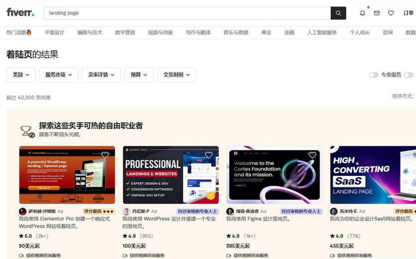 Fiverr搜索landing page的结果页,超过4万条结果,头部卖家起步价90美元、100美元、385美元、455美元,评分4.9到5.0,评论数776到2000多条