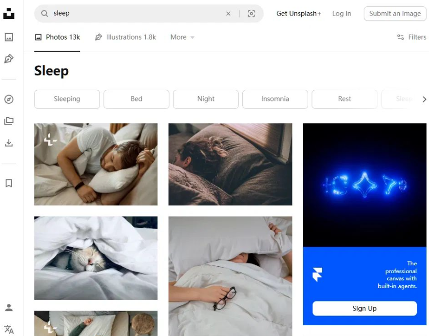 Unsplash图库搜索sleep的结果页,显示13k张睡眠主题免费商用照片,包含侧卧入睡、被窝、夜晚等不同场景