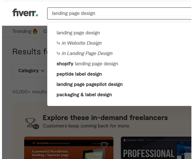 Fiverr搜索框输入landing page design弹出的联想下拉词,包含landing page design、in Website Design、shopify landing page design等真实搜索词,页面显示4万多条结果