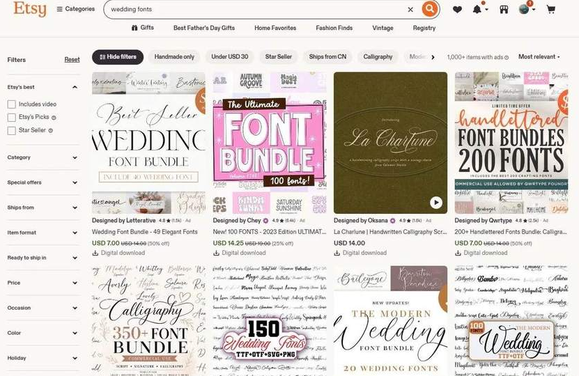 Etsy搜索wedding fonts的结果页,显示1000多件在售婚礼字体商品,49款字体包售价7美元、100款字体包14.25美元、单款手写花体14美元