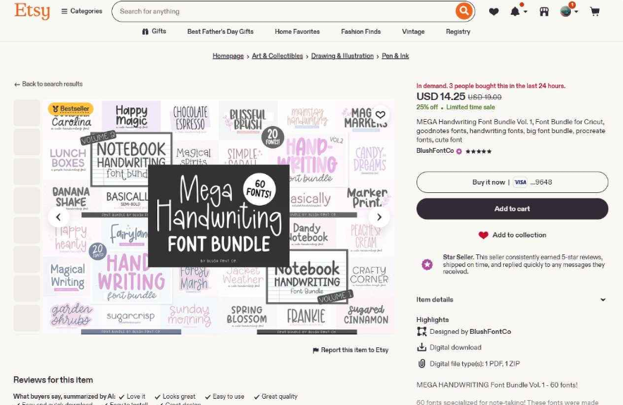 Etsy上BlushFontCo店铺的MEGA Handwriting Font Bundle商品页,60款手写字体打包14.25美元(原价19美元),标注过去24小时有3人购买,Star Seller标记