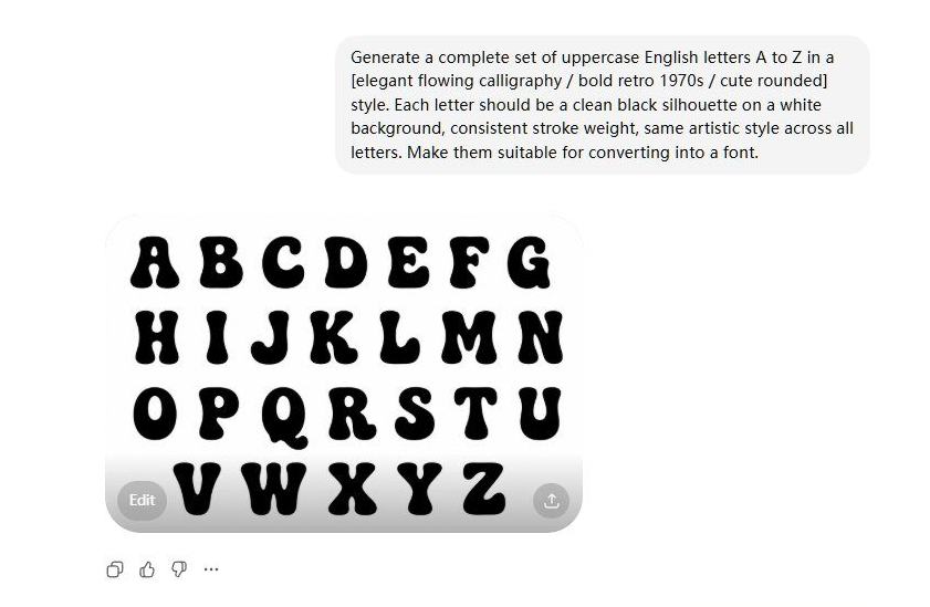 ChatGPT生成完整英文字母表的截图,提示词要求生成A到Z大写字母的复古圆润风格黑色剪影、笔画粗细一致,输出一整套统一风格的字母图